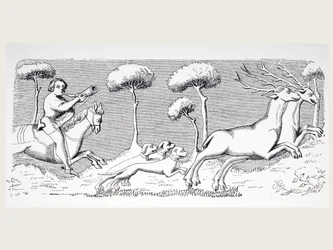 Natur und Erscheinung von Hirschen und wie sie mit Hunden gejagt werden können, nach einer Miniatur im Manuskript von Phoebus aus dem 15. Jahrhundert, aus 